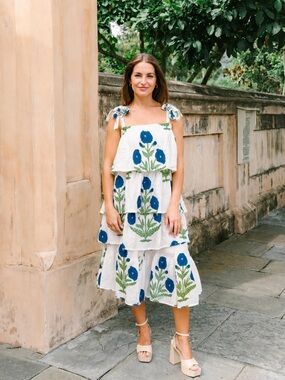 Victoria Dunn Blue Floral Tiered Midi Dress – XS